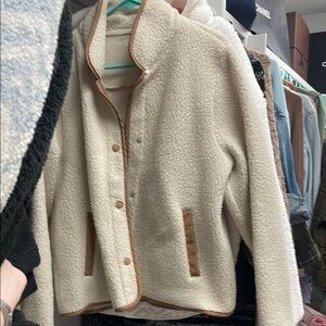 J. Crew Women's Cream Sherpa Jacket with Tan Accents & Snap Closure